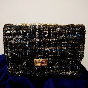 Elegant Blue White Black and Silver Tweed Classic Shoulder Bag